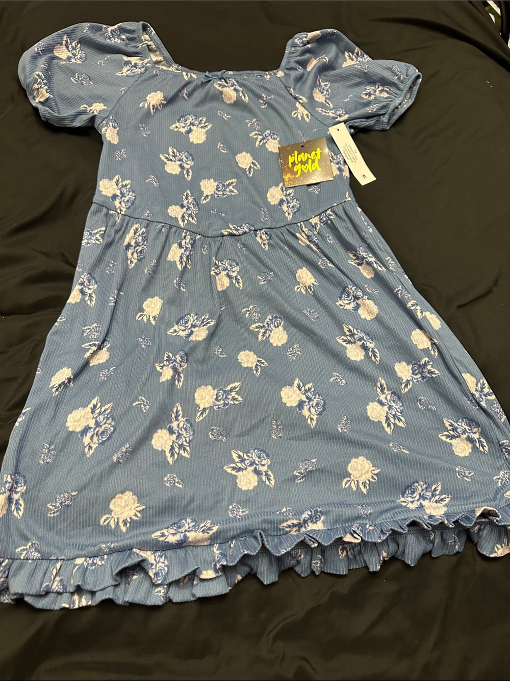 Planet Gold Blue Floral Ruffle-Hem Kids Dress